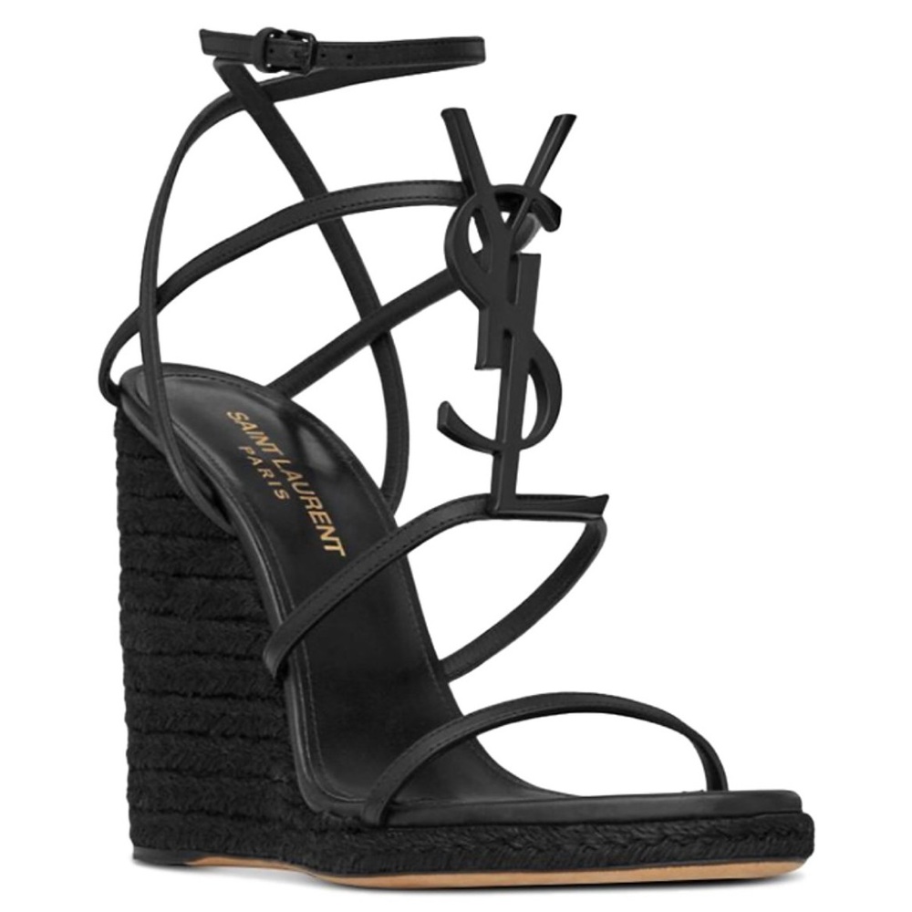 Saint Laurent Black Strappy Wedge Sandals